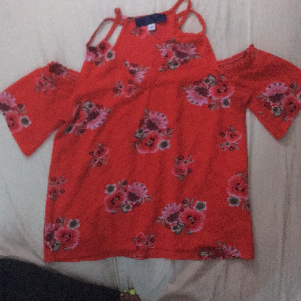 off the shoulder strap floral shirt